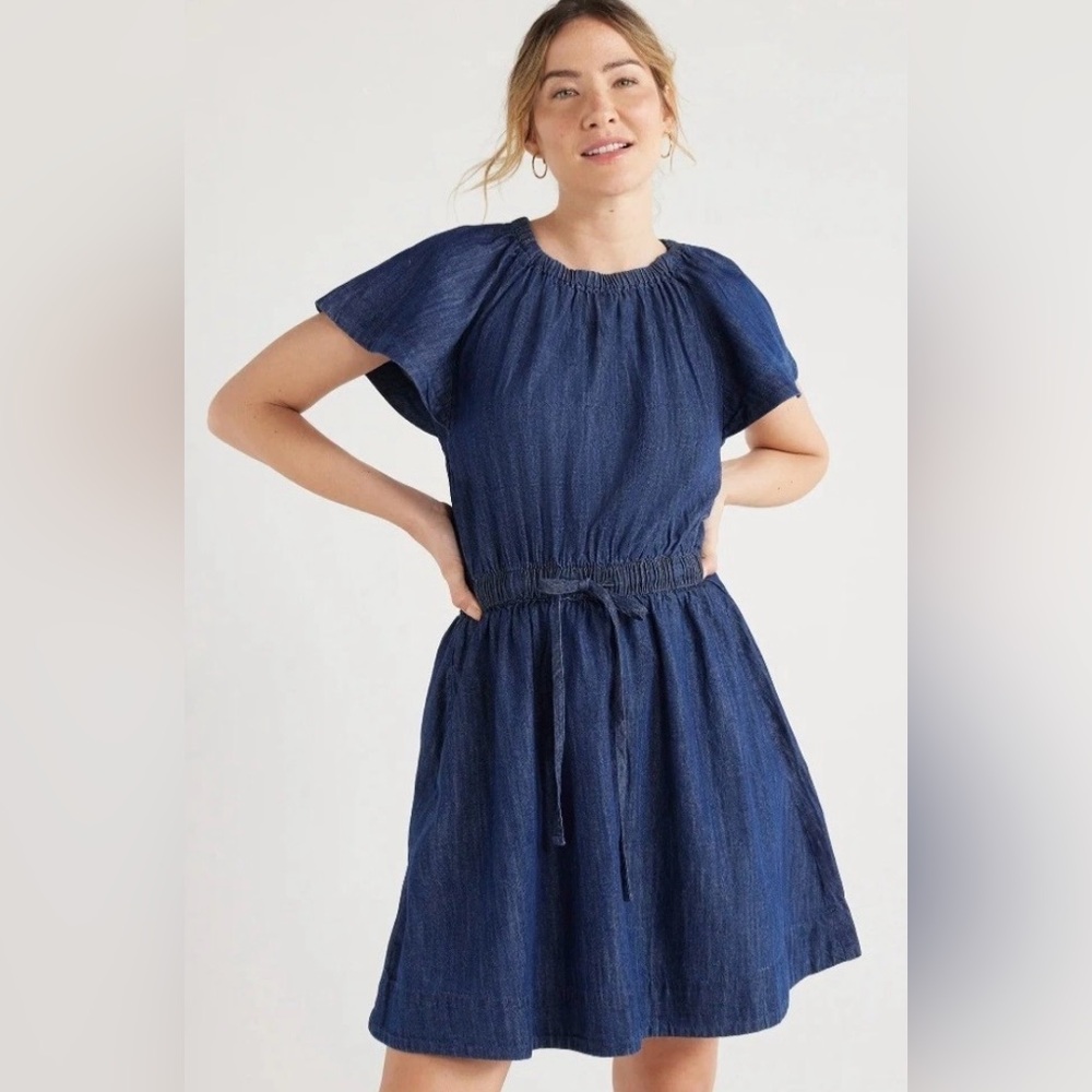 Free Assembly Women’s Denim Fit N Flare Dress Flutter Sleeves Size S